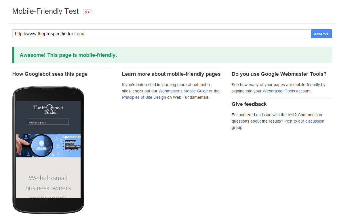 Google test of Prospect Finder website